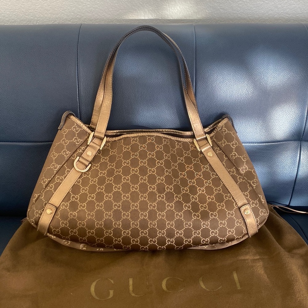 Gucci Brown/Metallic Gold GG Satin And Canvas Medium Abbey Tote GG Monogram